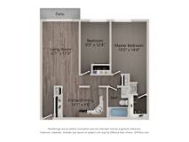A floor plan of a home with a living room, kitchen/dining area, patio, and two bedrooms.