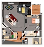 A floor plan of an apartment with a kitchen, living room, dining room, bedroom, bathroom, closet, entry, and laundry room.