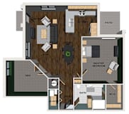 A floor plan of a one bedroom apartment with a kitchen, dining room, living room, den, and bathroom.