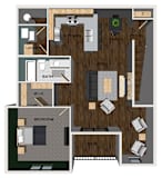 A floor plan of a one bedroom apartment with a living room, dining room, kitchen, and laundry.