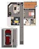 A floor plan of a one bedroom villa with a garage and a car.