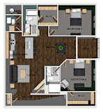 A floor plan of an apartment with two bedrooms, a living room, a dining room, a kitchen, a laundry room, and two bathrooms.