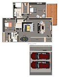 A floor plan of a villa with a garage attached below.