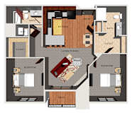 A floor plan of an apartment with two bedrooms, a kitchen, a living room, and a deck.
