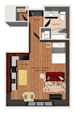 A floor plan of a studio apartment with a kitchen, living room, and sleeping space.