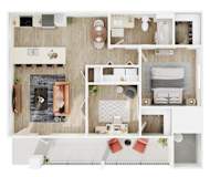 A top-down view of a well-organized apartment with a living area, kitchen, and bedroom.