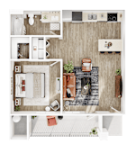 A top-down view of a modern apartment with a kitchen, living room, and bathroom.