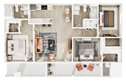 A top-down view of a small apartment layout with a kitchen, living room, and bedroom.