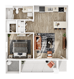 A top-down view of a modern apartment layout with a living area, kitchen, and bedrooms.