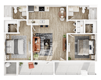 A top-down view of a house layout with a living room, kitchen, and bathrooms.