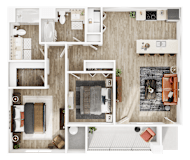 A top-down view of a well-organized apartment with a kitchen, living room, and bathroom.