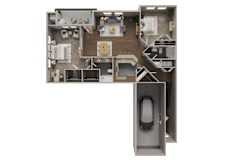 A 3D rendered image of a two bedroom 2 bathroom apartment
