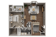 A 3D rendered image of a modern apartment layout.