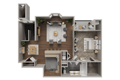 A 3D rendered image of a house layout with a living room, kitchen, and bedrooms.