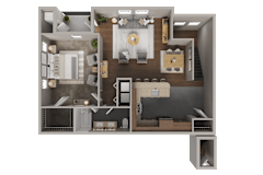 A 3D rendered image of a house layout.