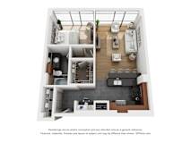 a stylized floor plan of a 1 bedroom apartment