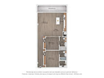 A floor plan of a small apartment with a living room, dining room, kitchen, and two bedrooms.