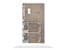 A floor plan of a house with a kitchen, two bathrooms, and two bedrooms.