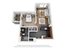 a stylized floor plan with a bedroom and a living room