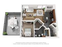 3d floor plan of a home with a bedroom and living room