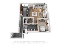 a stylized floor plan with a bedroom and a living room