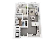 The Booth – 1-bedroom loft floor plan Cole Motor Indianapolis | downtown factory apartment, 593 sq ft