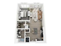 A floor plan of a small apartment with a kitchen, living room, and bathroom.