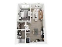A floor plan of a small apartment with a living room, kitchen, and bathroom.