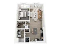 A floor plan of a small apartment with a living area, kitchen, and two bedrooms.