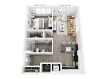 A floor plan of a small apartment with a kitchen, living room, and bathroom.