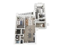 A floor plan of a small apartment with a kitchen, living room, and bedroom.