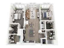 A floor plan of a two-bedroom apartment with a living room, kitchen, and bathroom.