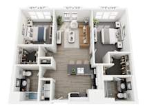 A 3D floor plan of a small apartment with dimensions of 10'11