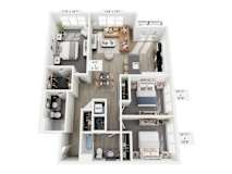 A floor plan of a small apartment with a living room, kitchen, and two bedrooms.