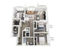 A floor plan of an apartment with a living room, kitchen, and two bedrooms.