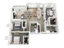 A floor plan of a two-bedroom apartment with a living room, kitchen, and bathroom.