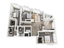 A floor plan of a two-bedroom apartment with dimensions and furniture layout.