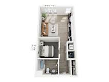 A floor plan of a small apartment with a bedroom, living room, and kitchen.