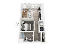 A floor plan of a small apartment with a bedroom, living room, and bathroom.
