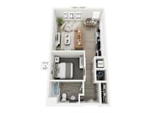 The Echo floor plan at Contrast OTR in Cincinnati’s Over-the-Rhine is a stylish studio apartment with an open layout, modern kitchen, sleeping nook, and in-unit washer and dryer—perfect for efficient urban living near downtown and TQL Stadium