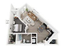 A floor plan of a small apartment with a living room, kitchen, and bathroom.