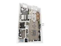 A floor plan of a small apartment with a kitchen, living room, and bathroom.