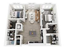 A floor plan of a small apartment with a living room, kitchen, and two bedrooms.
