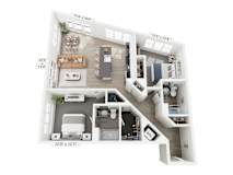 A 3D floor plan of a small apartment with a living room, kitchen, and bathroom.