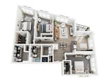A 3D floor plan of a small apartment with a kitchen, living room, and bathroom.