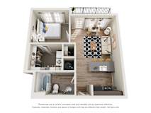 A 3D floor plan of a small apartment with a kitchen, living room, and bedroom.