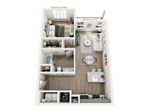 One-bedroom apartment floor plan at Montage West Lafayette with open living and dining area.