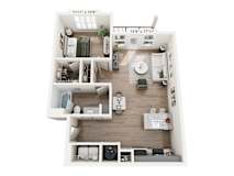 One-bedroom apartment floor plan at Montage West Lafayette featuring open living space and full kitchen.