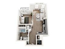 One-bedroom apartment layout at Montage West Lafayette with large living room and modern finishes.