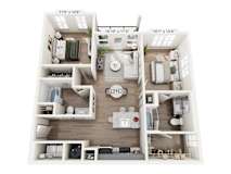 Modern two-bedroom, two-bath floor plan at Montage West Lafayette with large windows and open layout.